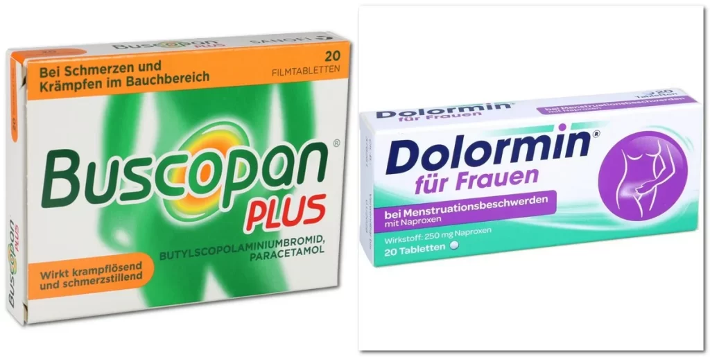 Tabletten gegen Menstruationsbeschwerden Buscopan PLUS und Dolormin für Frauen