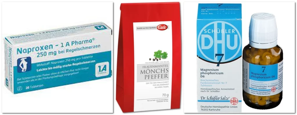 Tabletten gegen Menstruationsbeschwerden Caelo Frauenmantel, Naproxen und DHU Schüßler-Salz Nr. 7 Magnesium phosphoricum